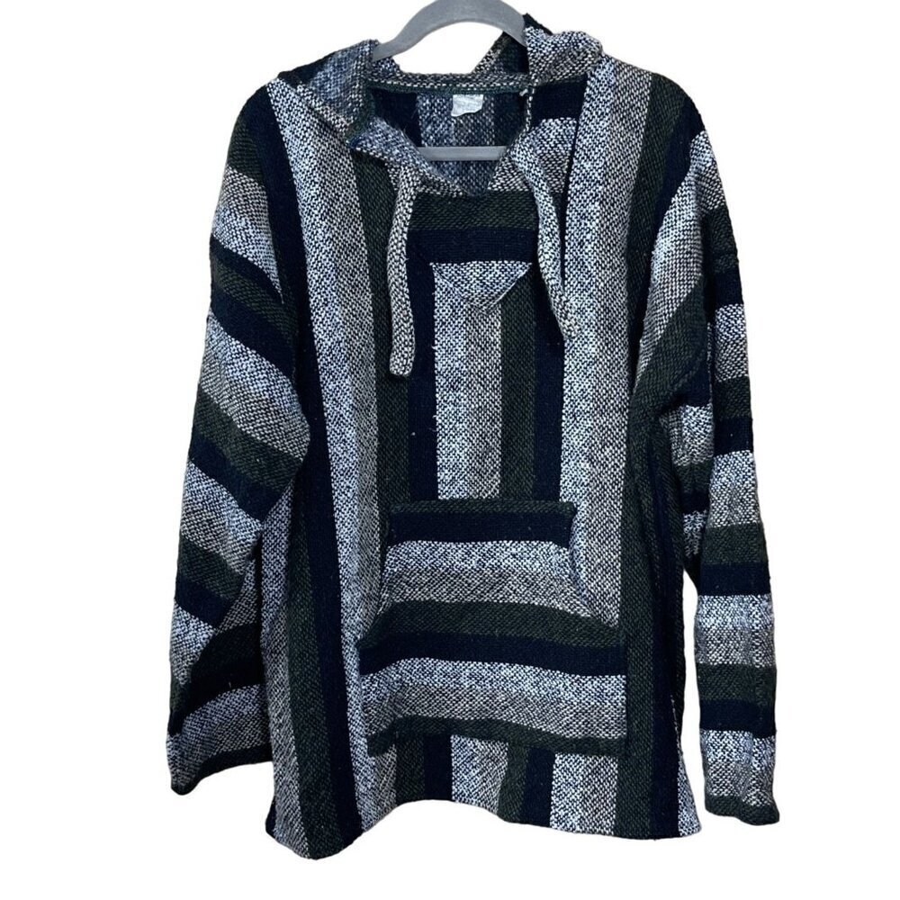 Artesanias FR Baja Hoodie Poncho Blanket Pullover Stripe Gray Green Size L Large